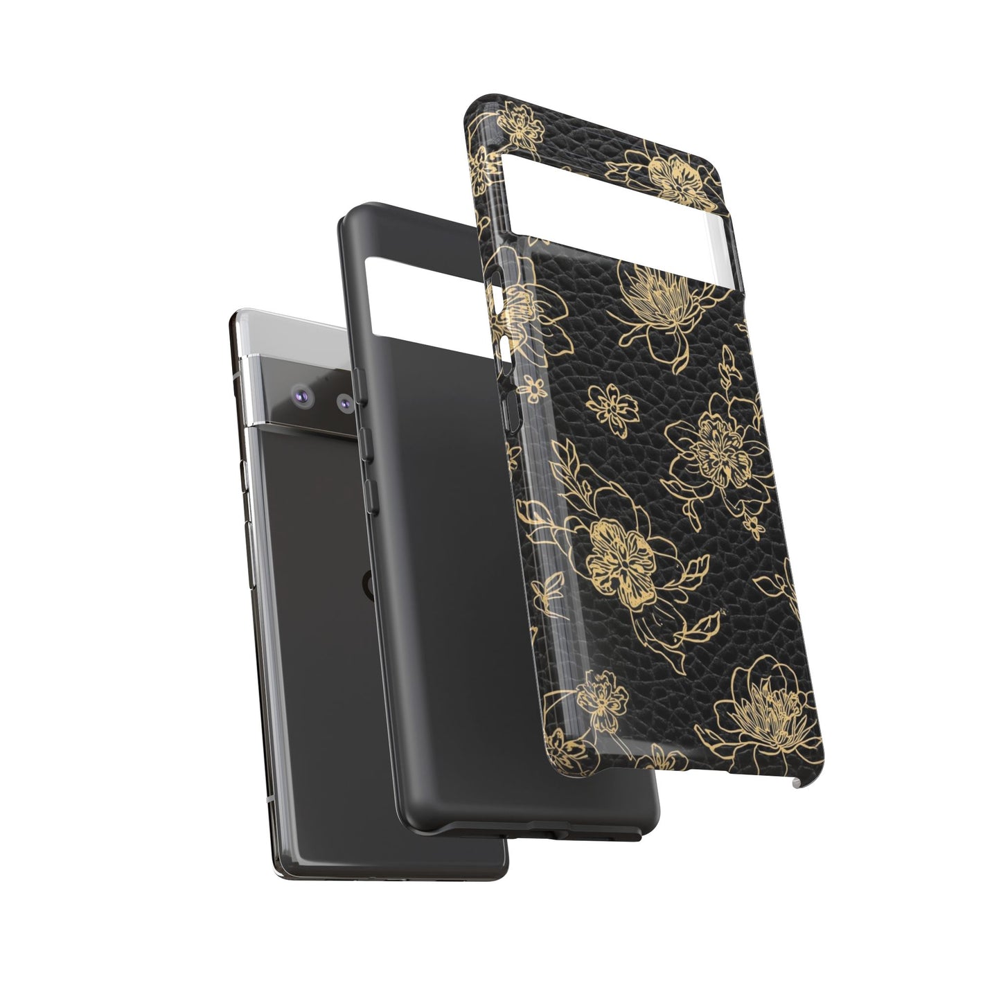 Floral Leather Phone Case — Gold Outline Flowers on Black Tough Case