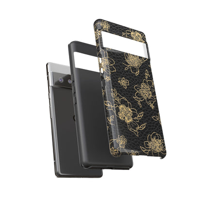 Floral Leather Phone Case — Gold Outline Flowers on Black Tough Case
