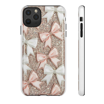 Glitter Bow Tough Phone Case — Pink & White Ribbon Protective Cover