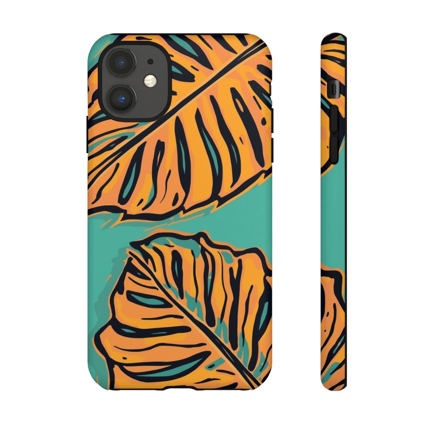 Tropical Leaf Tough Phone Case — Orange Monstera Design on Teal