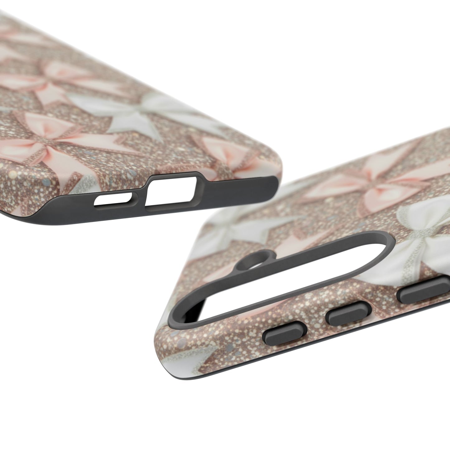 Glitter Bow Tough Phone Case — Pink & White Ribbon Protective Cover