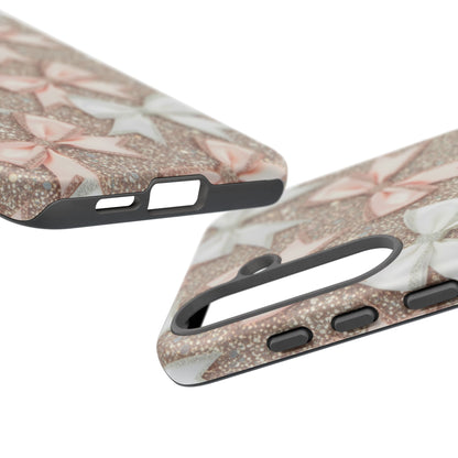 Glitter Bow Tough Phone Case — Pink & White Ribbon Protective Cover