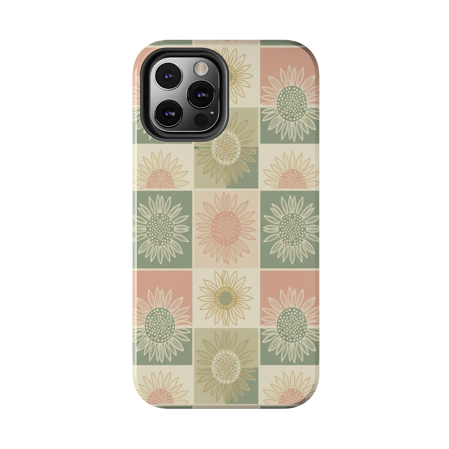 Sunflower Check iPhone Tough Phone Case — Retro Pastel Floral Protective Cover
