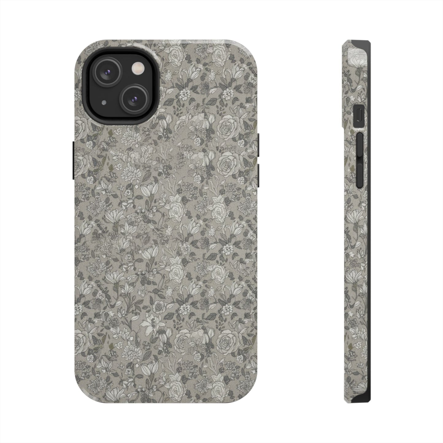 Gray Floral Tough Phone Case — Durable Protective Phone Cover with Vintage Botanical Pattern