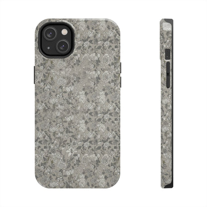 Gray Floral Tough Phone Case — Durable Protective Phone Cover with Vintage Botanical Pattern