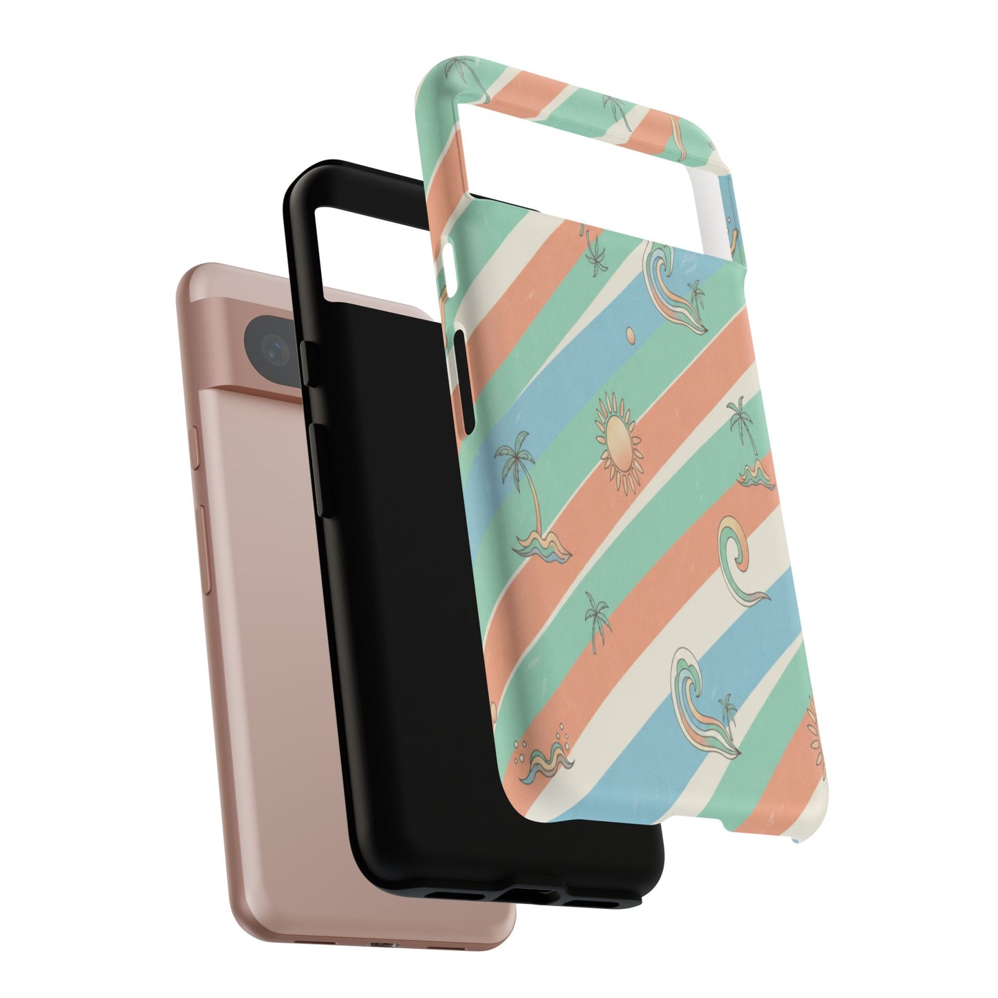 Retro Beach Stripes Phone Case — Sun, Waves & Palm Pattern Tough Case