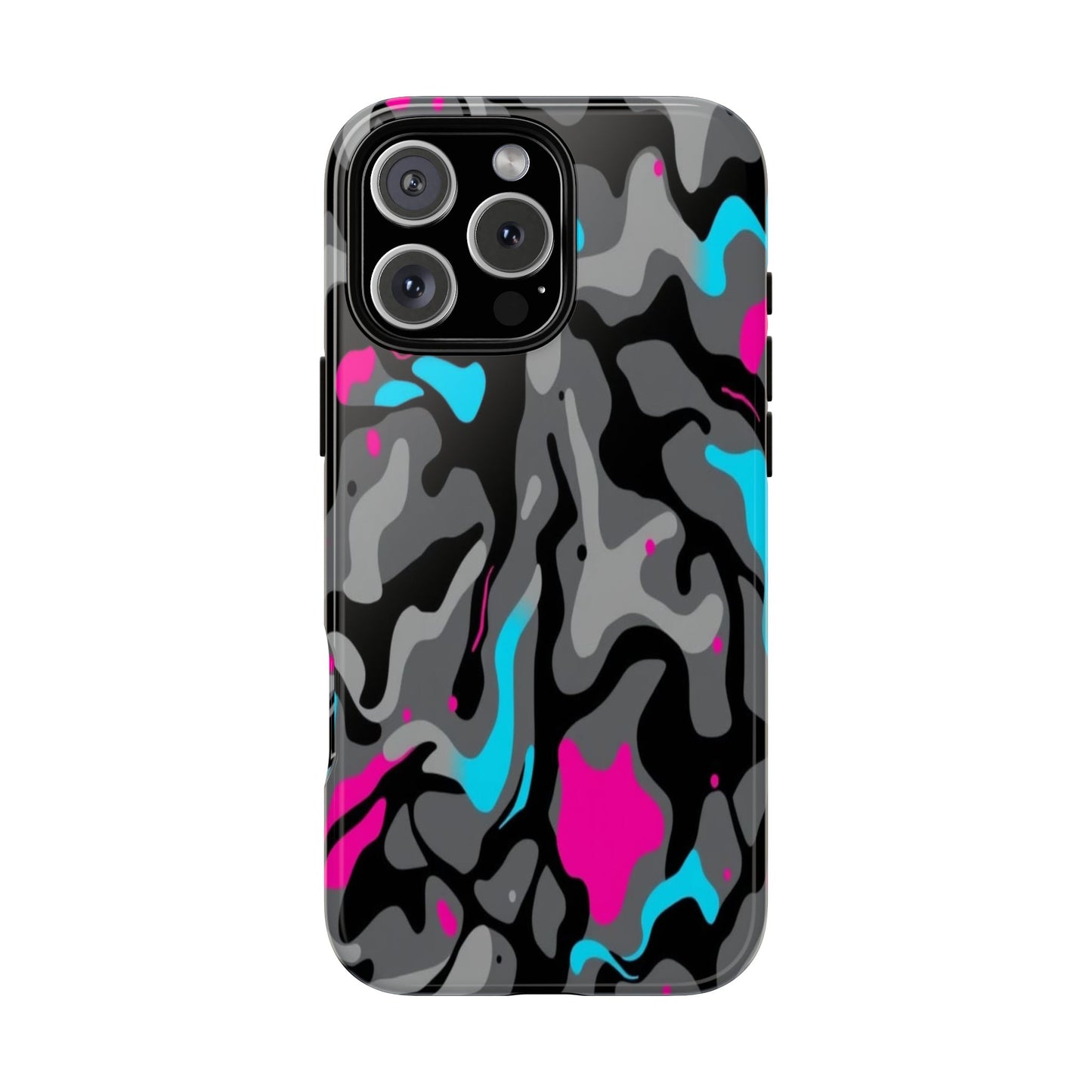 Camouflage Phone Case — Gray Camo with Neon Pink & Cyan Accent Tough Protective Cover