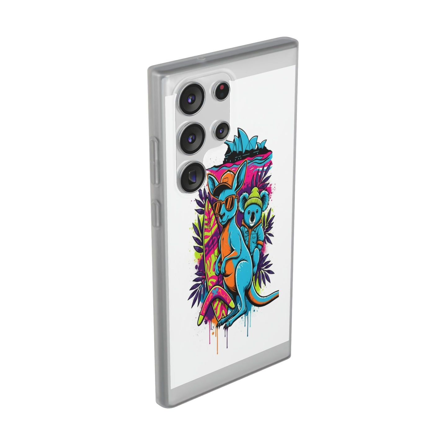 Kangaroo & Koala Surf Phone Case — Neon Aussie Beach Vibes Flexible Case
