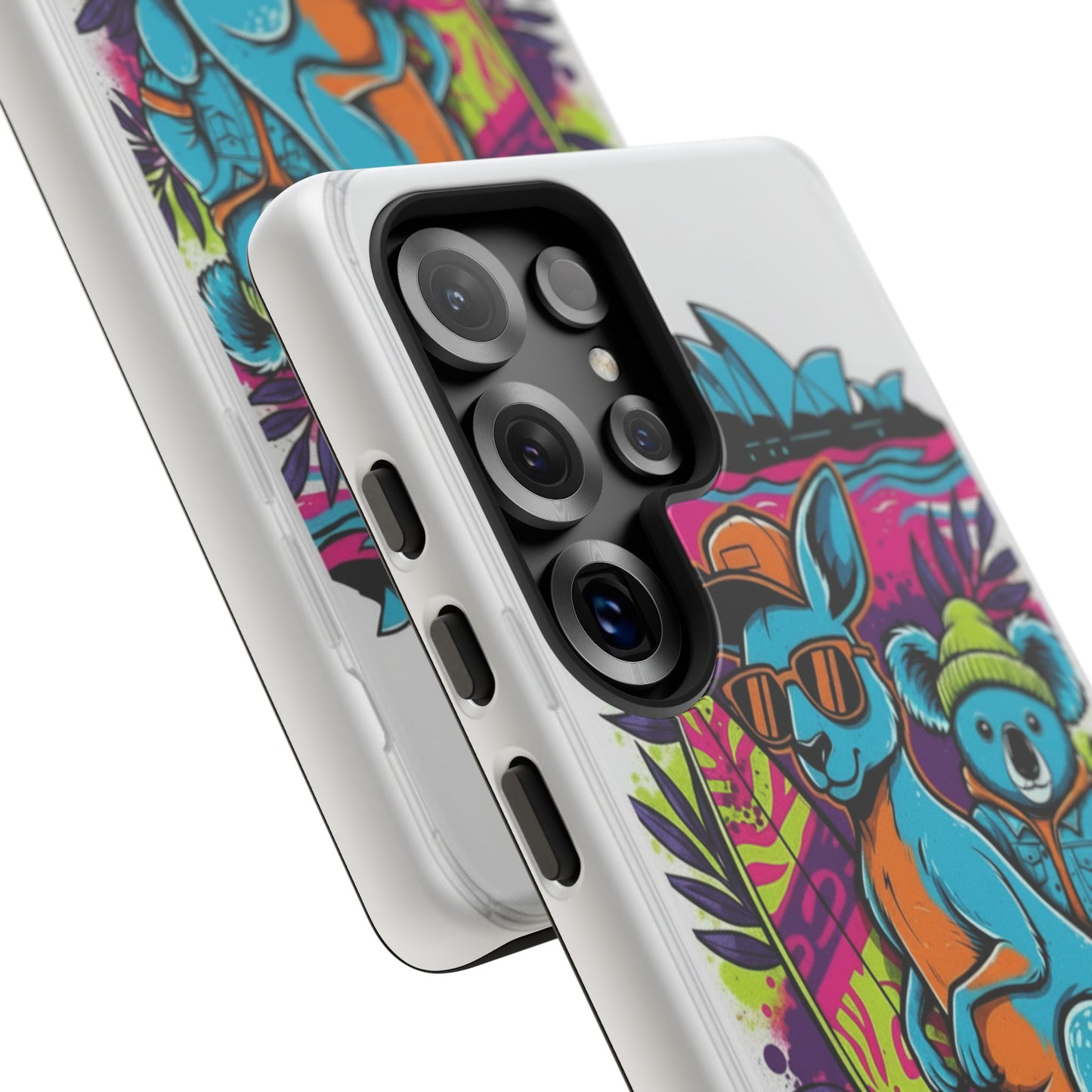 Kangaroo & Koala Surf Phone Case — Retro Neon Beach Art Tough Case