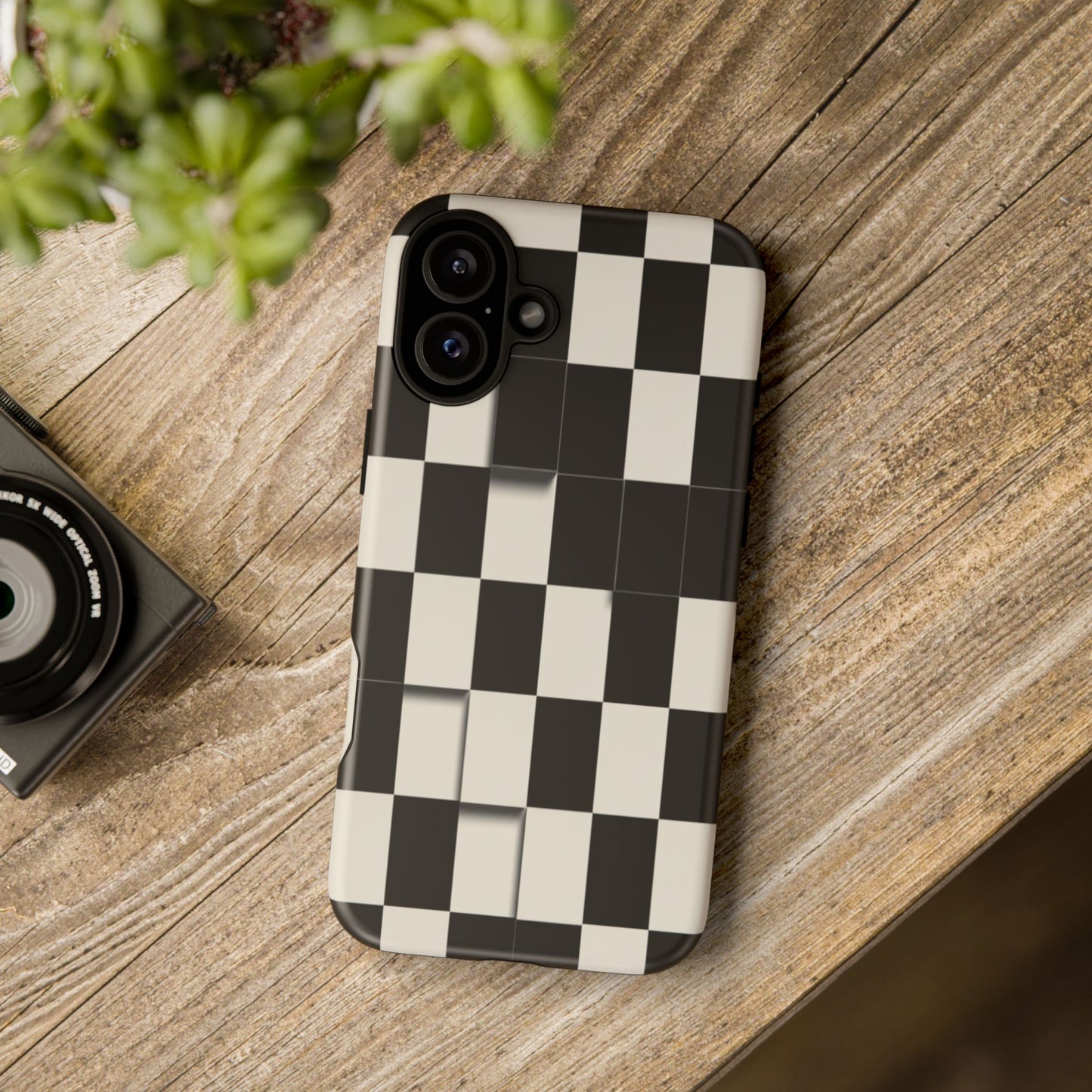 Checkerboard Tough Phone Case — Classic Black & Cream Grid Protective Cover