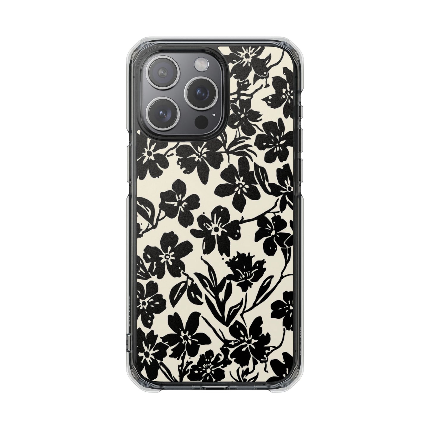 Clear Magnetic Phone Case — Black Floral Silhouette Design