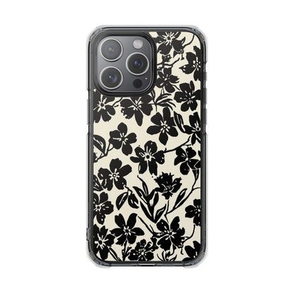 Clear Magnetic Phone Case — Black Floral Silhouette Design