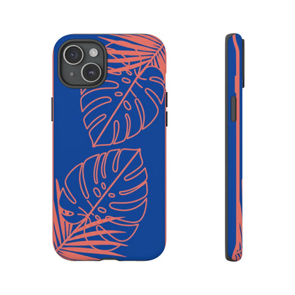 Tropical Monstera Phone Case — Blue & Coral Leaf Protective Cover