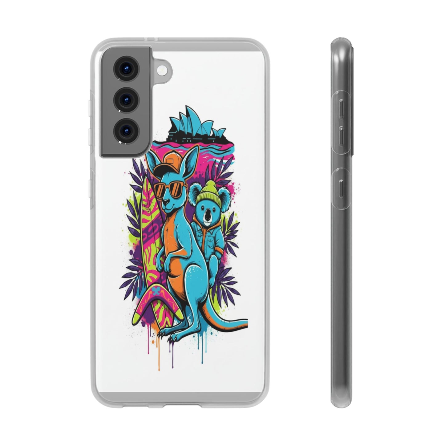 Kangaroo & Koala Surf Phone Case — Neon Aussie Beach Vibes Flexible Case