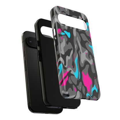 Camouflage Phone Case — Gray Camo with Neon Pink & Cyan Accent Tough Protective Cover