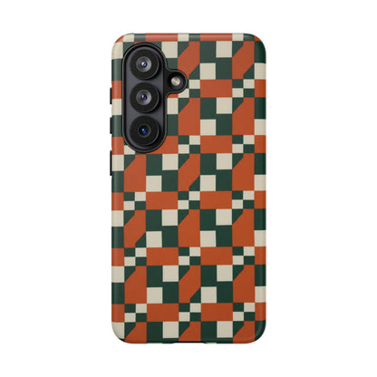 Geometric Checkerboard Phone Case — Retro Orange & Forest Green Tough Case