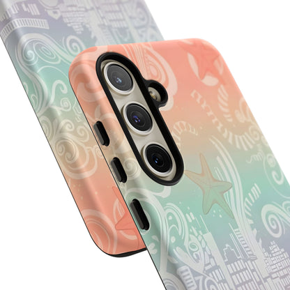 Tough Cases: Pastel Beach Pattern Phone Case — Starfish & Coastal Cityscape Protective Cover