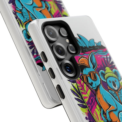 Kangaroo & Koala Surf Phone Case — Retro Neon Beach Art Tough Case