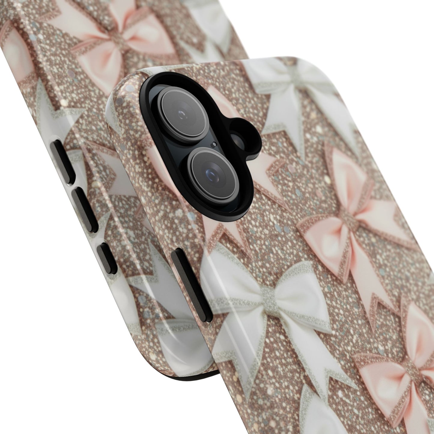 Glitter Bow Tough Phone Case — Pink & White Ribbon Protective Cover