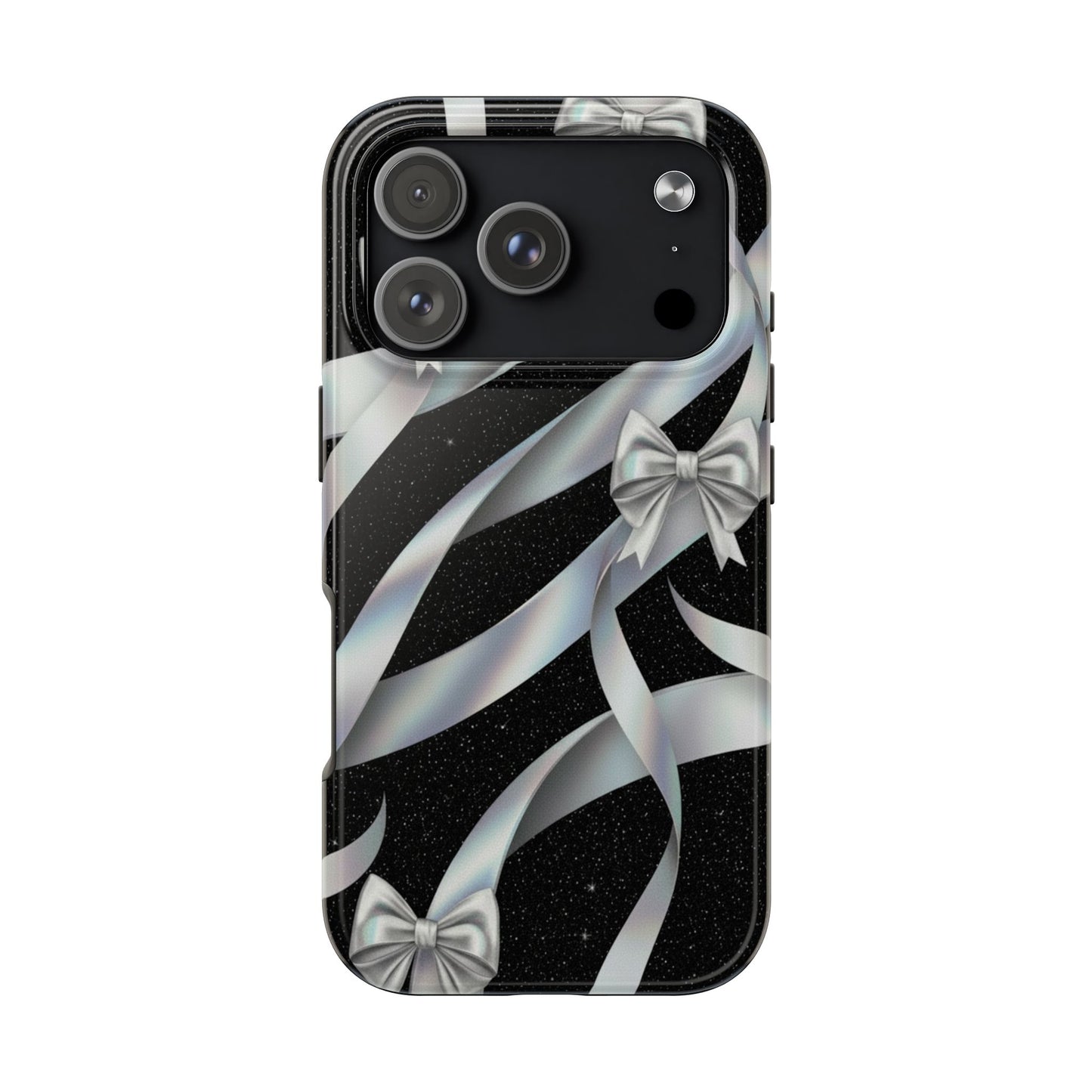 Silver Ribbon Bow Tough Phone Case — Glitter Black Protective Phone Case