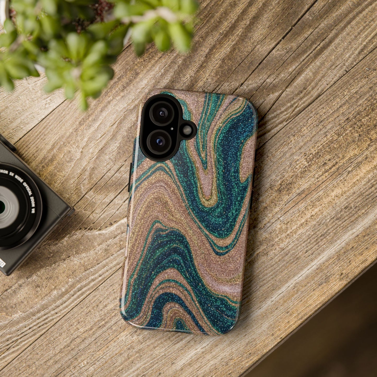 Marbled Teal & Gold Phone Case — Glitter Swirl Tough Case
