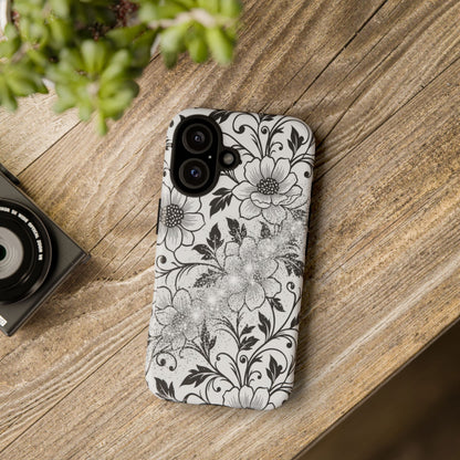 Floral Lace Phone Case — Black & White Vintage Flower Protective Case