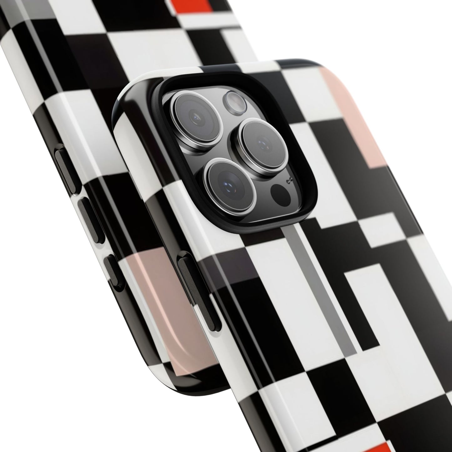 Abstract Geometric Phone Case – Black & White Checker Grid with Red Accent