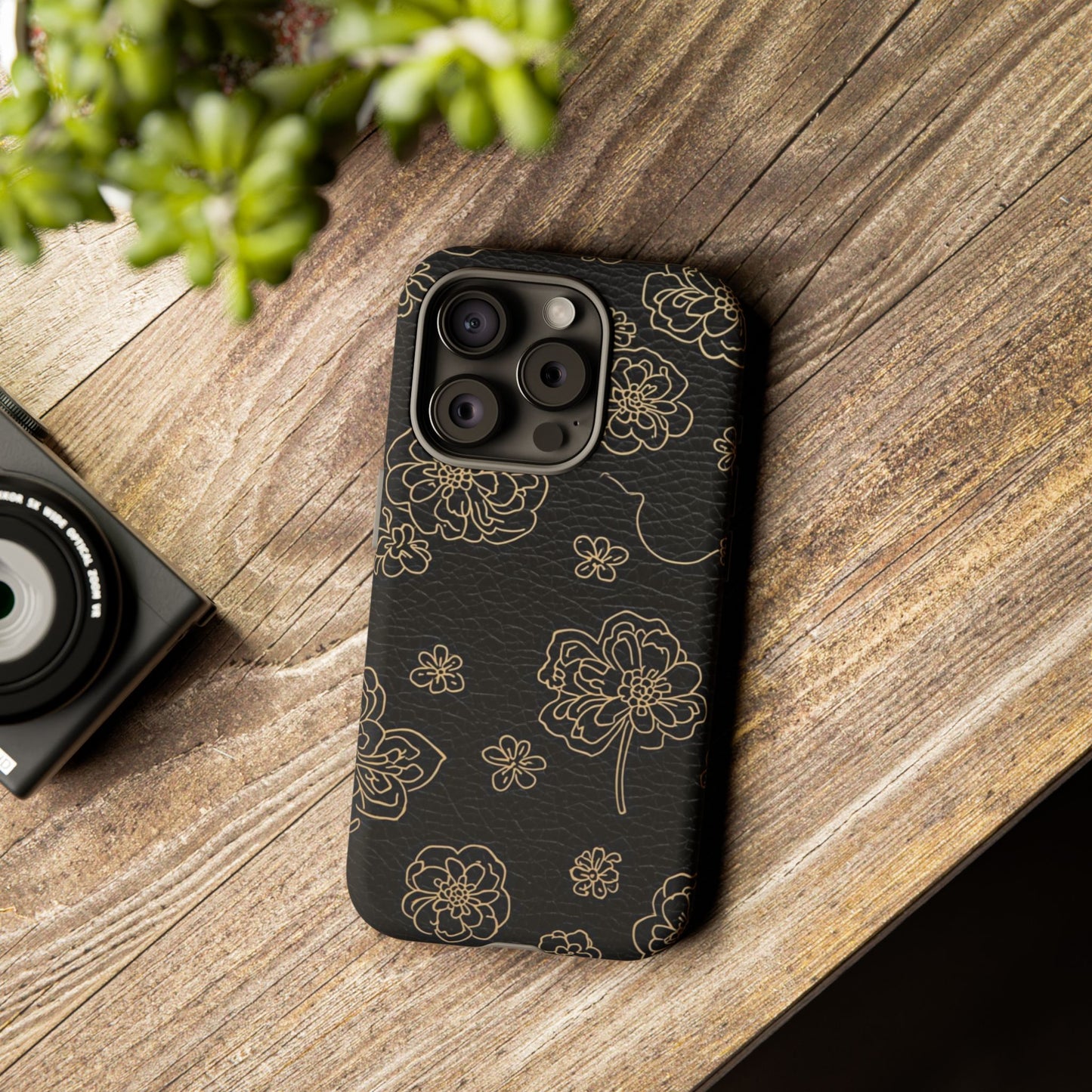 Floral Leather-Texture Tough Case – Black Gold Outline Phone Cover