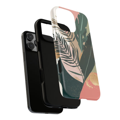 Tropical Leaf Tough Phone Case — Abstract Pink & Green Botanical Protective Cover