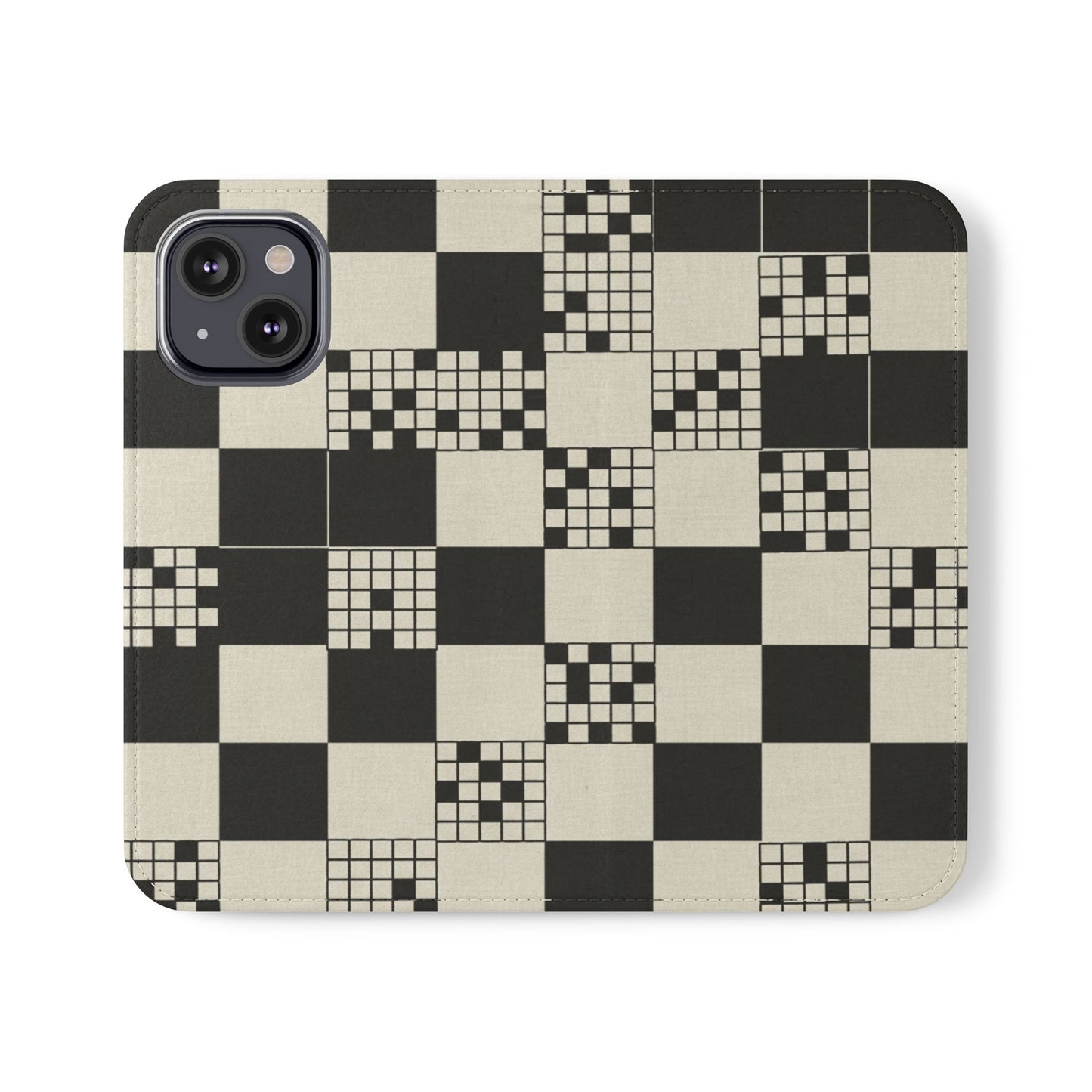 Checkerboard Flip Phone Case – Retro Black & Cream Geometric Wallet Case