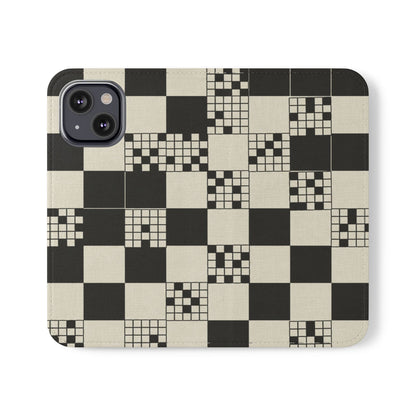Checkerboard Flip Phone Case – Retro Black & Cream Geometric Wallet Case