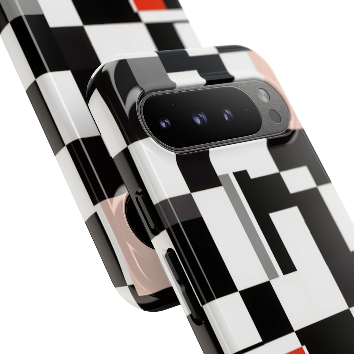 Abstract Geometric Phone Case – Black & White Checker Grid with Red Accent