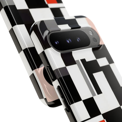 Abstract Geometric Phone Case – Black & White Checker Grid with Red Accent