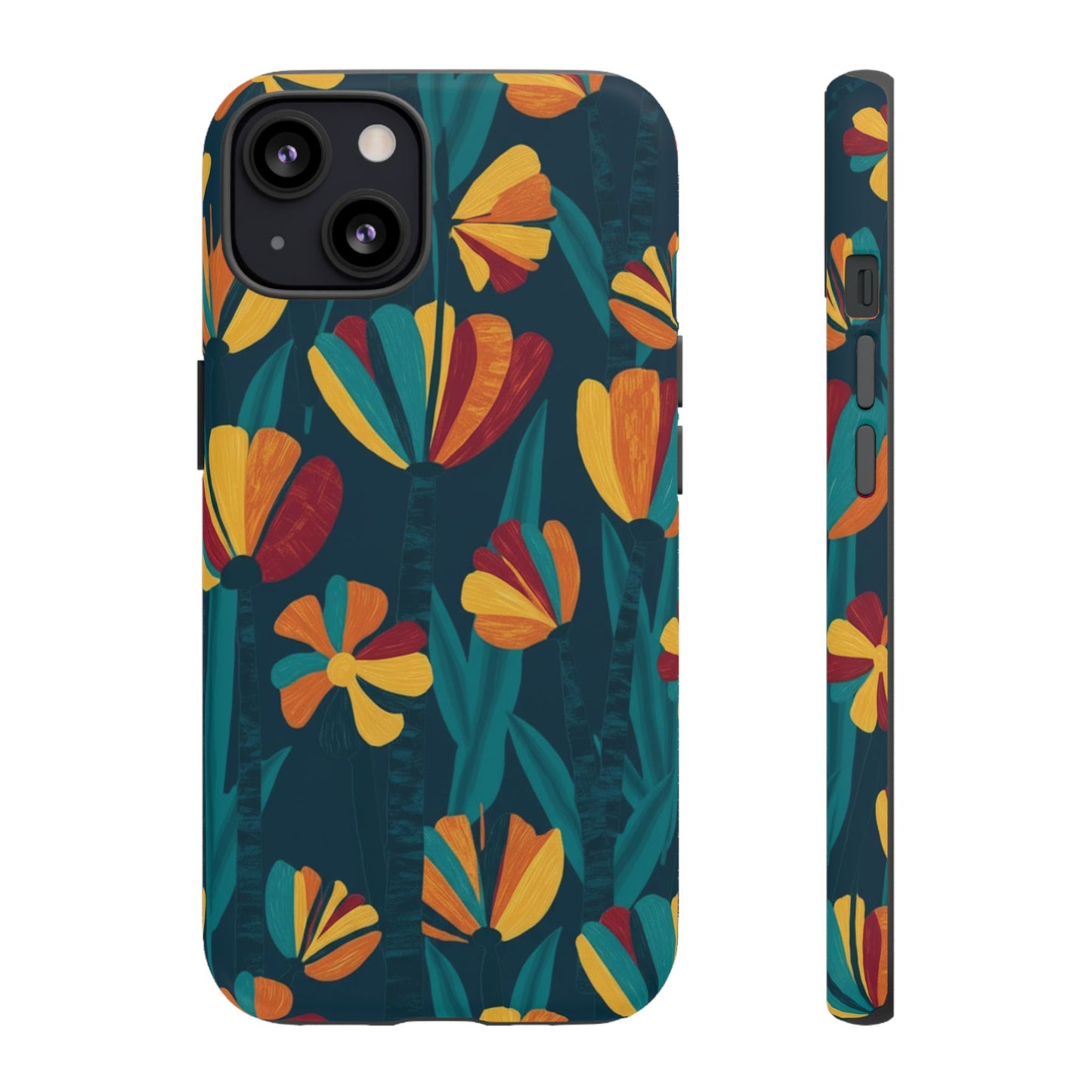 Floral Retro Teal Tough Phone Case — Vibrant Orange & Mustard Blooms