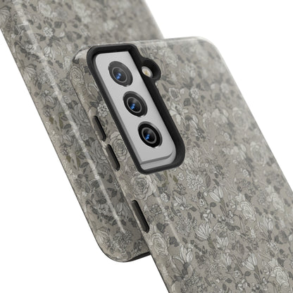 Gray Floral Tough Phone Case — Durable Protective Phone Cover with Vintage Botanical Pattern