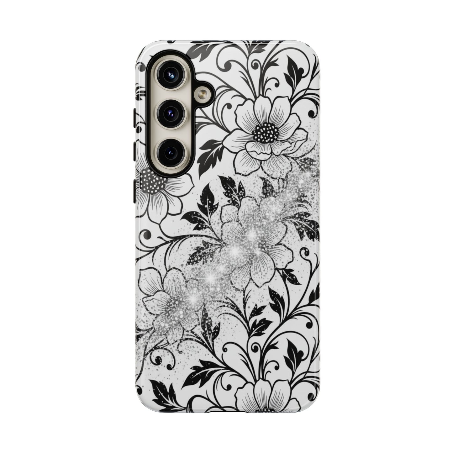 Floral Lace Phone Case — Black & White Vintage Flower Protective Case