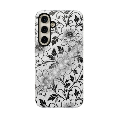 Floral Lace Phone Case — Black & White Vintage Flower Protective Case