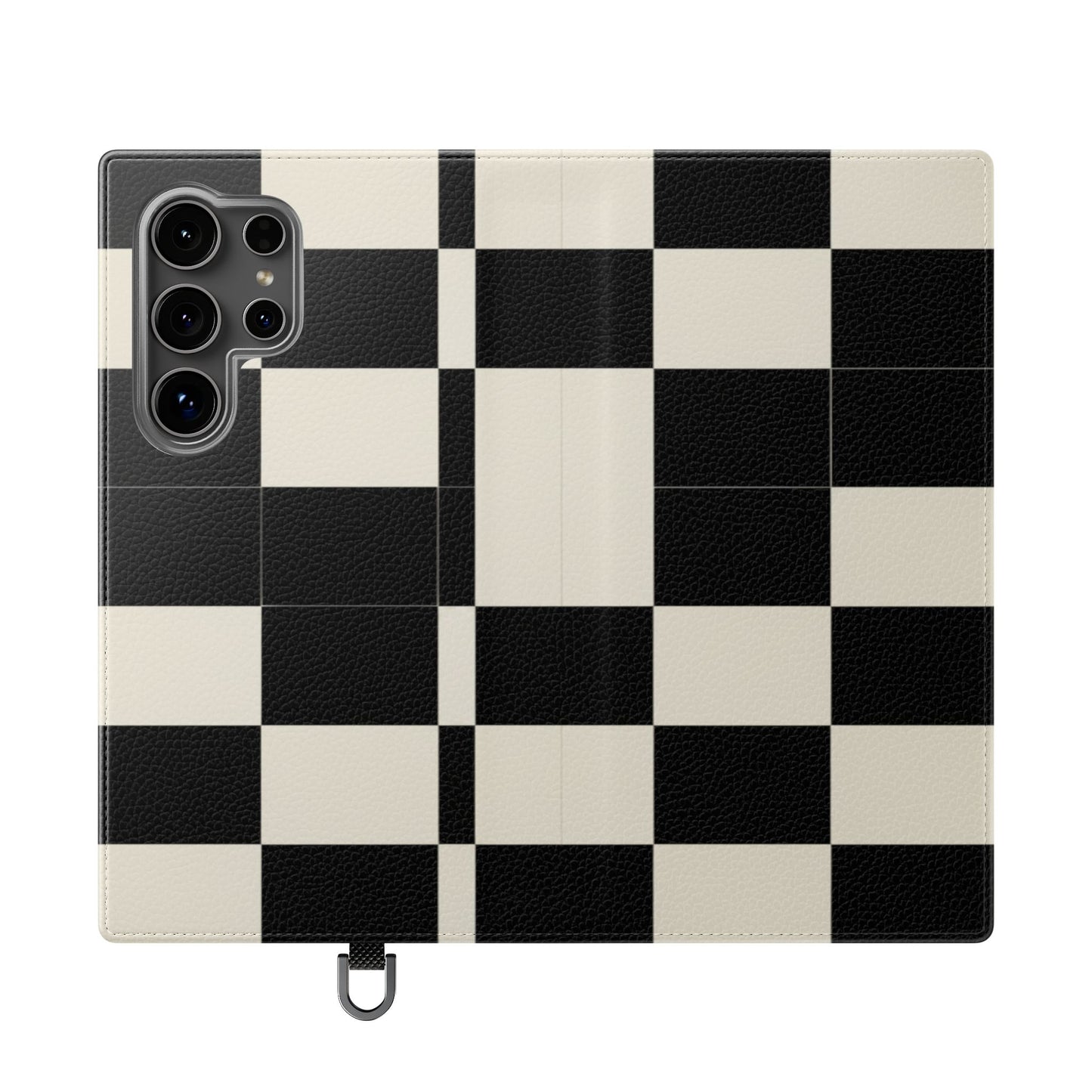 Checkered Flip Phone Case – Black & Cream Retro Grid Wallet Case