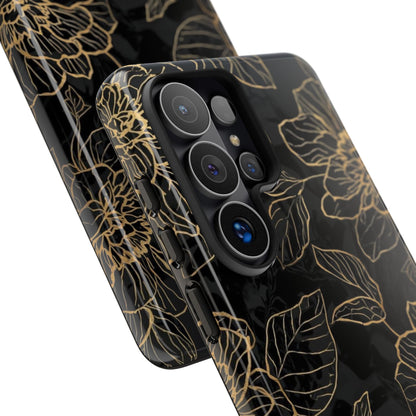Floral Gold Outline Tough Phone Case – Black Botanical Protective Cover