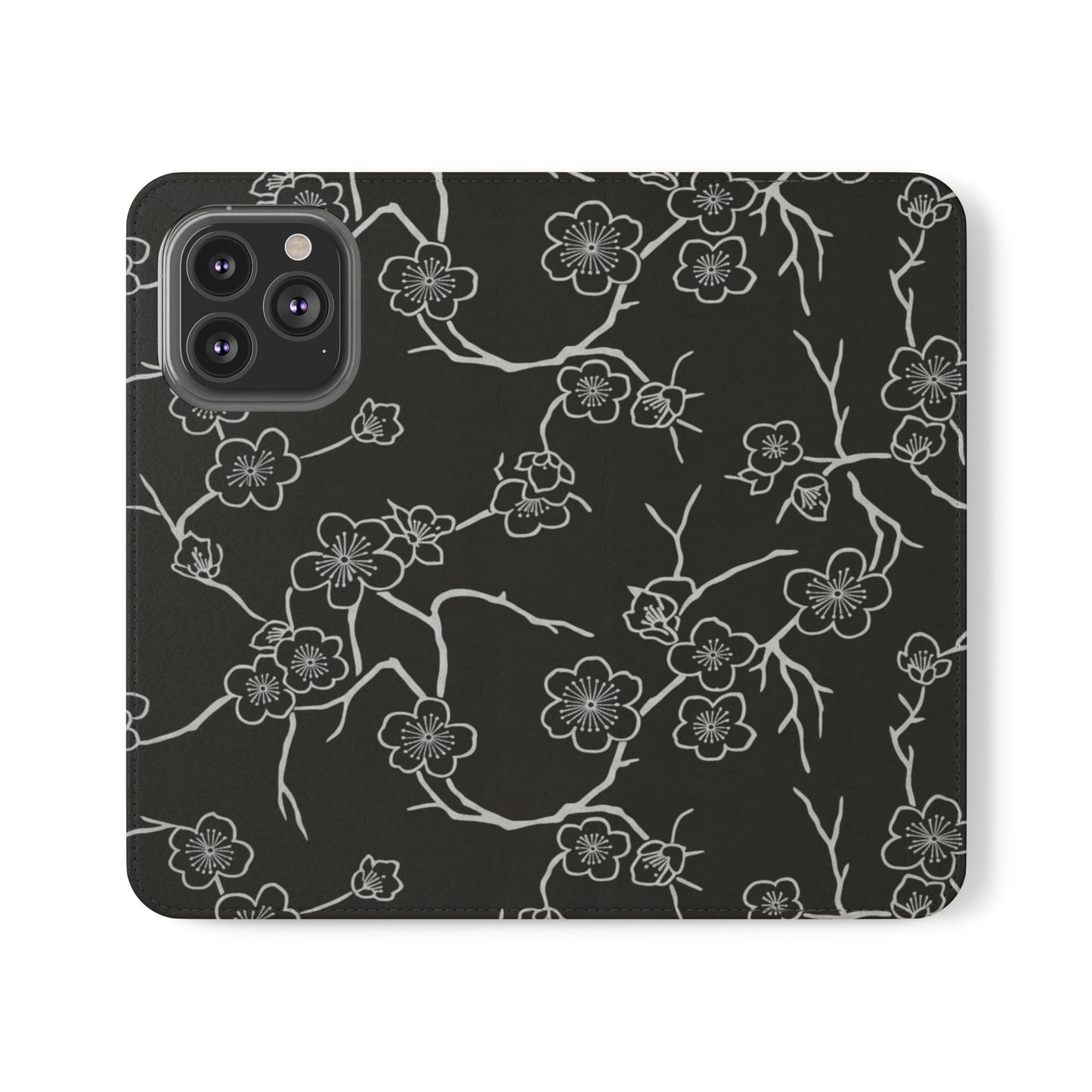 Black Cherry Blossom Flip Phone Case – Floral Wallet Flip Case with Card Slots