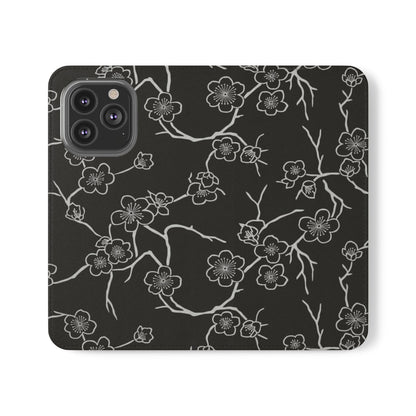 Black Cherry Blossom Flip Phone Case – Floral Wallet Flip Case with Card Slots