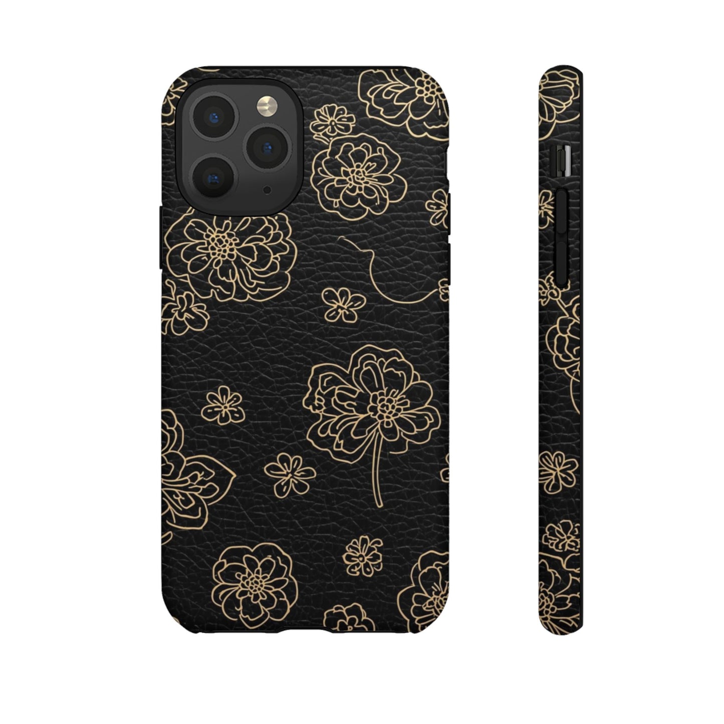 Floral Leather-Texture Tough Case – Black Gold Outline Phone Cover