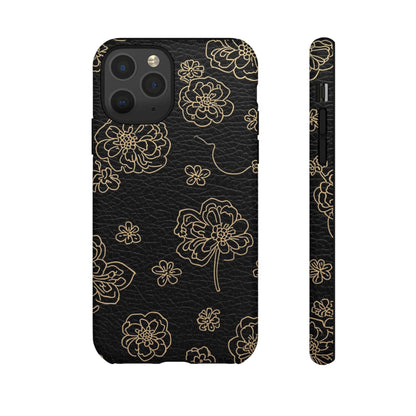 Floral Leather-Texture Tough Case – Black Gold Outline Phone Cover