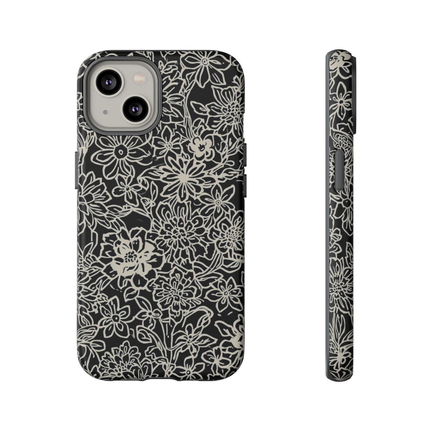 Floral Doodle Tough Phone Case — Black & White Sketch Flower Protective Cover