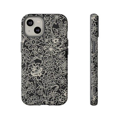 Floral Doodle Tough Phone Case — Black & White Sketch Flower Protective Cover