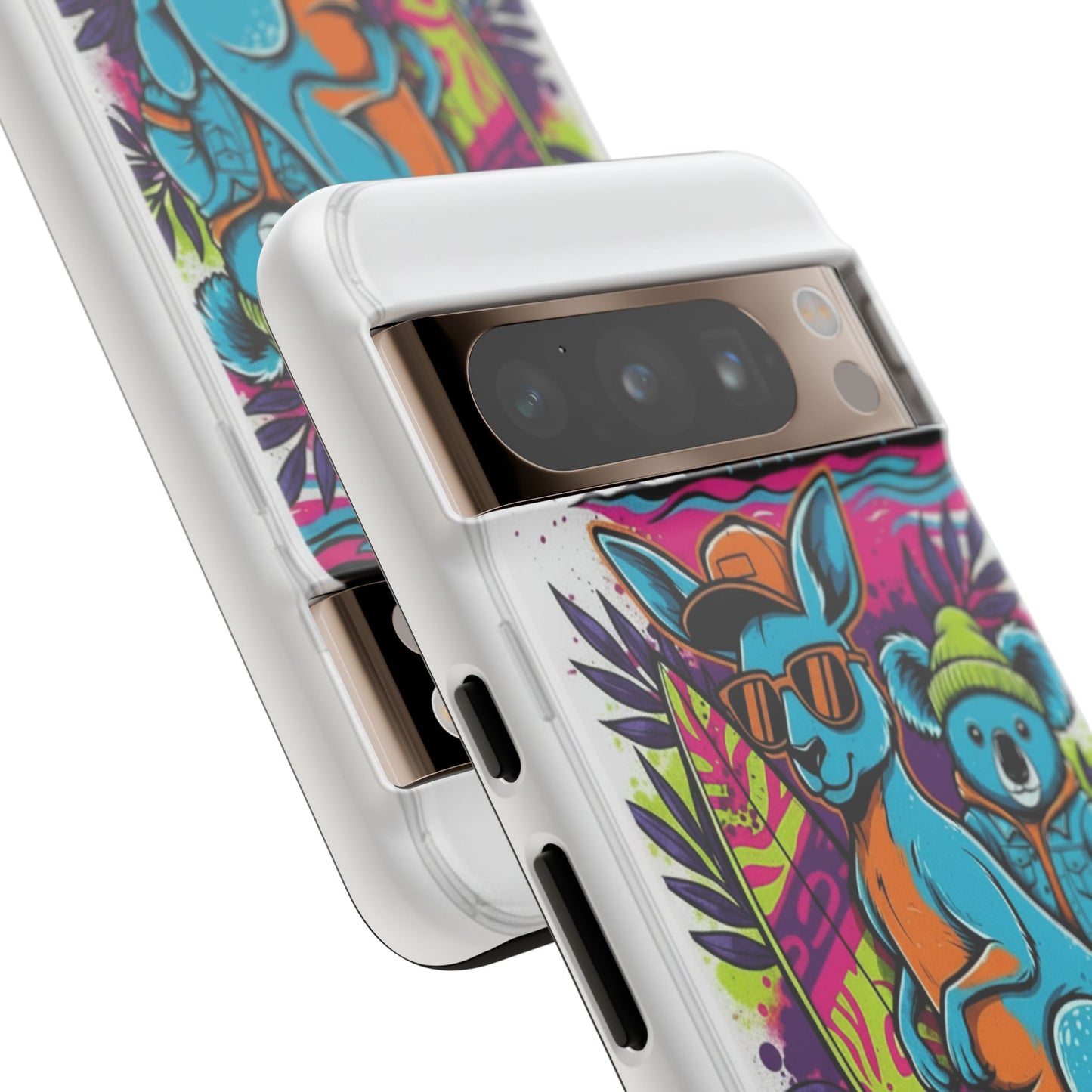 Kangaroo & Koala Surf Phone Case — Retro Neon Beach Art Tough Case