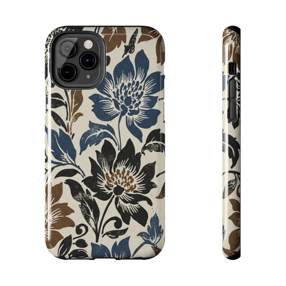 Floral Vintage Tough Phone Case — Blue & Brown Botanical Protection