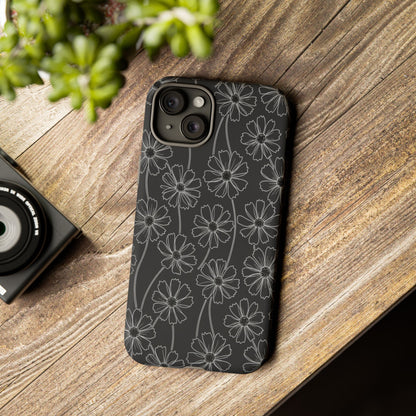 Floral Doodle Tough Phone Case — Black & Gray Daisy Pattern