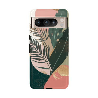 Tropical Leaf Tough Phone Case — Abstract Pink & Green Botanical Protective Cover