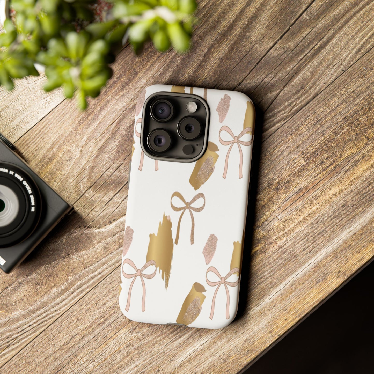 Phone Case — Gold Brushstroke & Blush Bow Pattern